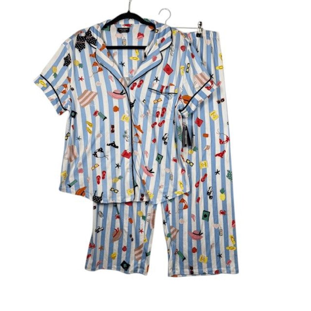 NWT Kate Spade Cabana Print Aqua Stripe Beach Print Pajama Set Size Large - Picture 2 of 13